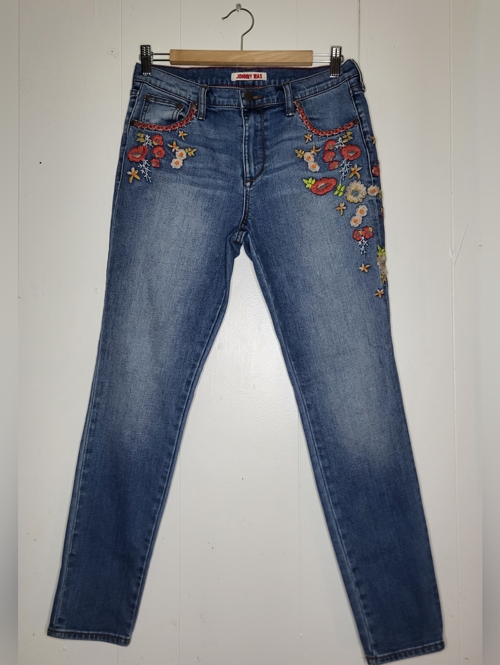 Johnny Was Blue Skinny Jeans with Floral Embroidery